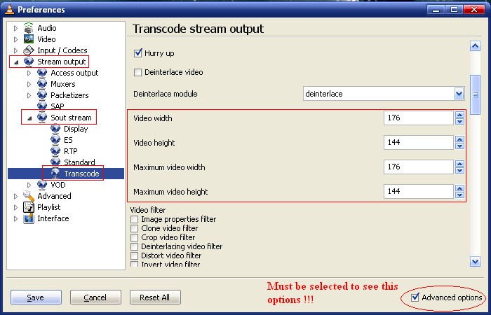 3. Mark the "Advanced options" in the bottom, then goto Stream output -> Sout stream -> Transcode menu: